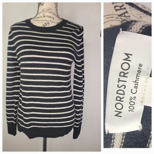 Nordstrom Sweater XS Womens 100% Cashmere Crewneck Black White French Striped